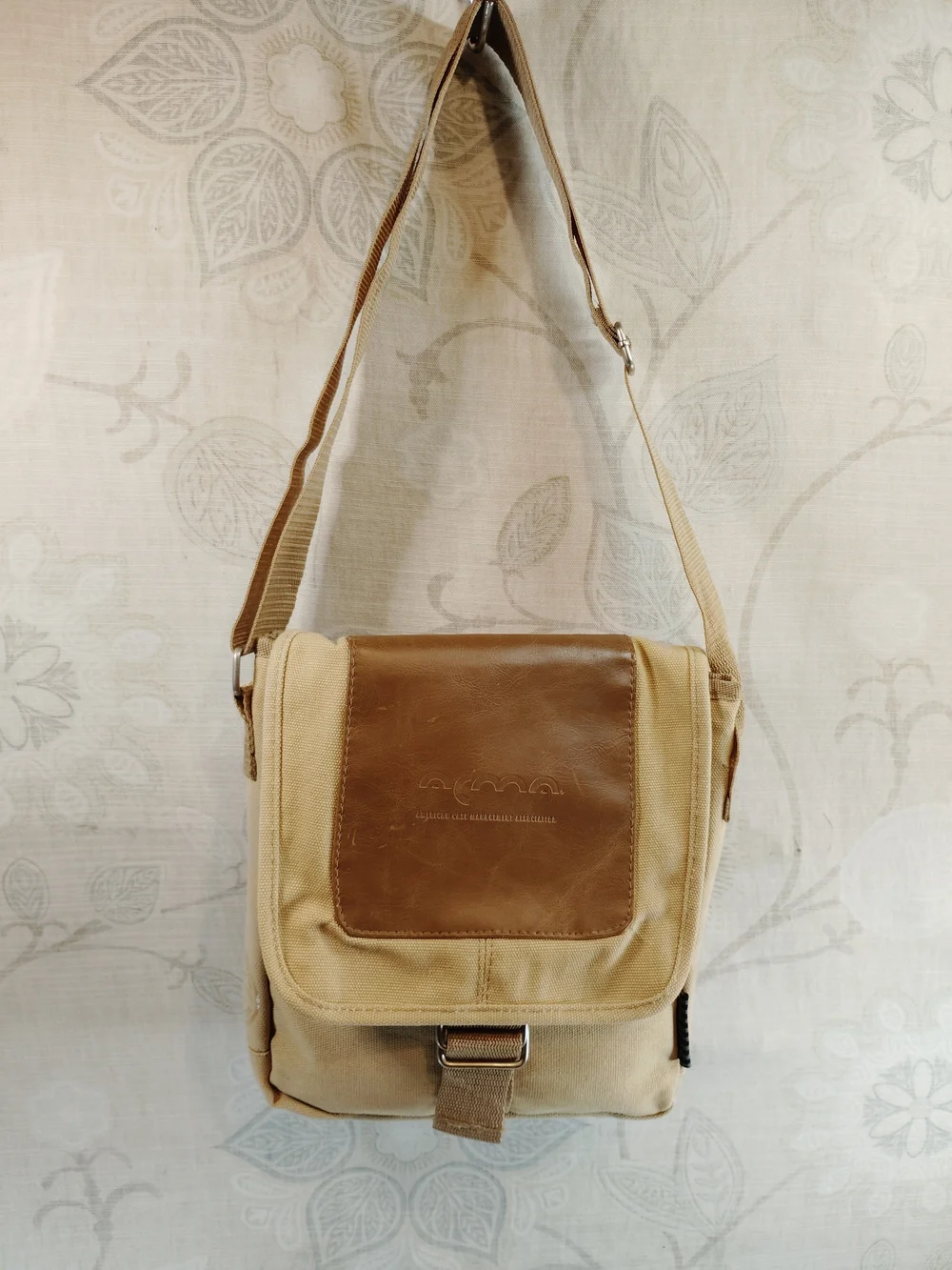 Unbranded Tan Canvas Messenger Bag with Brown Leather Flap